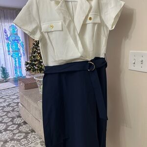 Chic White and Navy Belted Dress